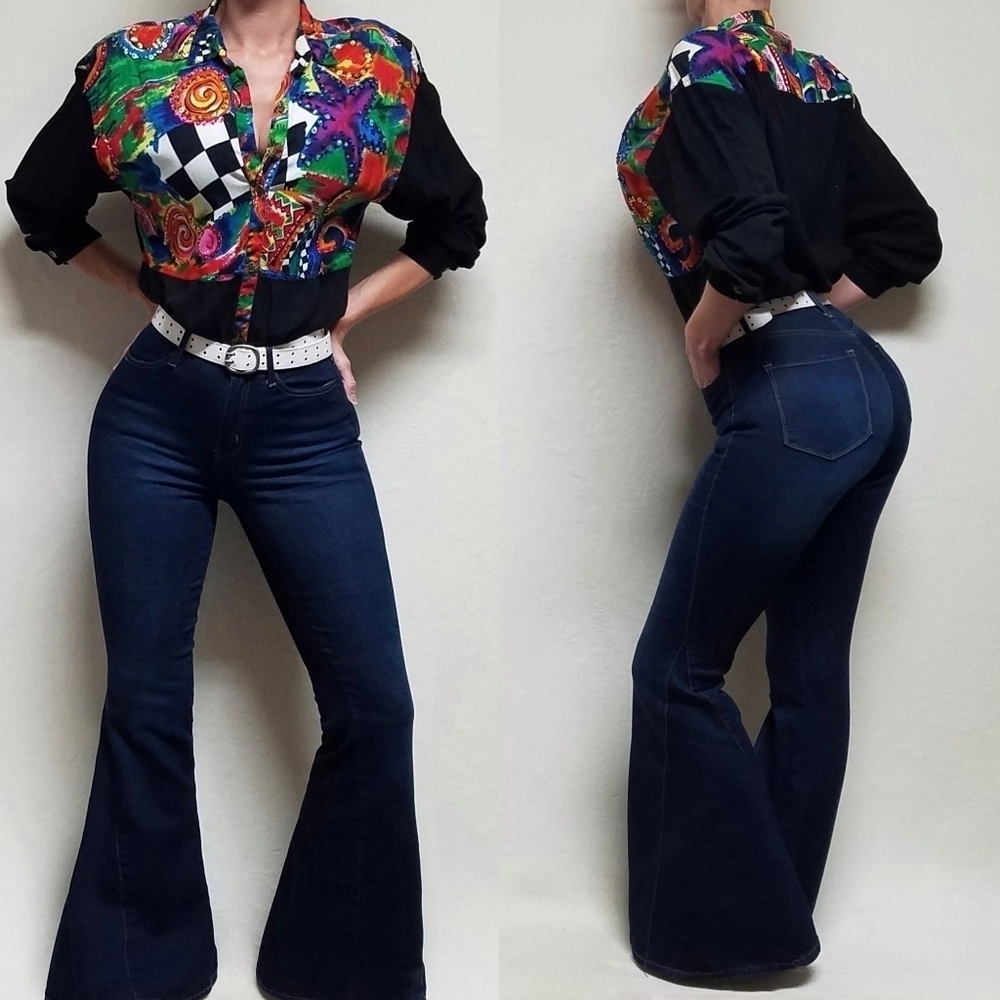 Rare Vintage 80s Quizz Avant Garde Abstract Harlequin Sequin Button Up Blouse L